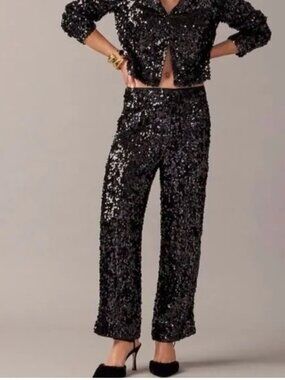 ✨🖤 NWT J.Crew Collection Ingrid Black Sequin High Rise Wide Leg Pants Size 12